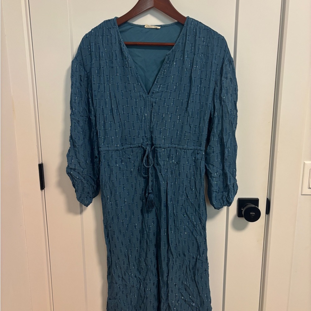 Lovestitch Blue Textured V-Neck Dress